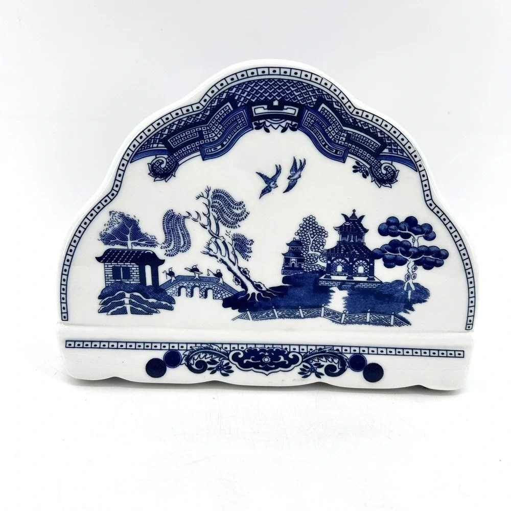 Johnson Bros Blue Willow Ceramic Napkin Holder Blue White Chinoiserie England